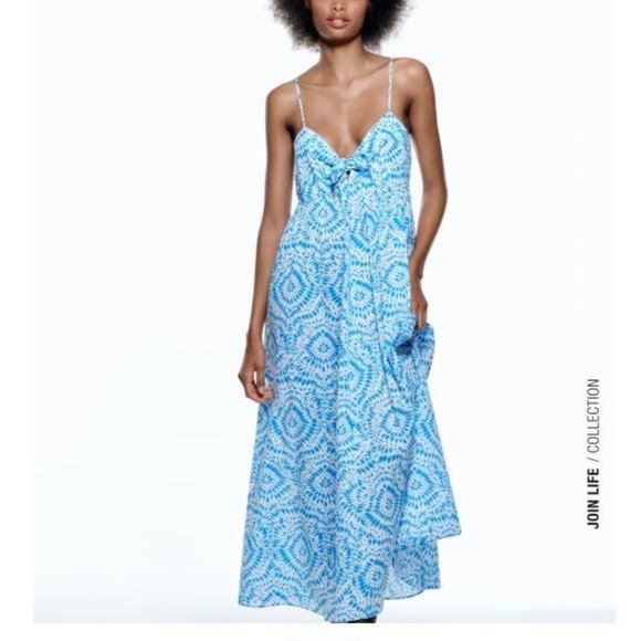 Women's Zara Blue Strappy V-Neck Knot Tie Cotton Maxi Printed Sip Dress Size XL - Picture 2 of 10
